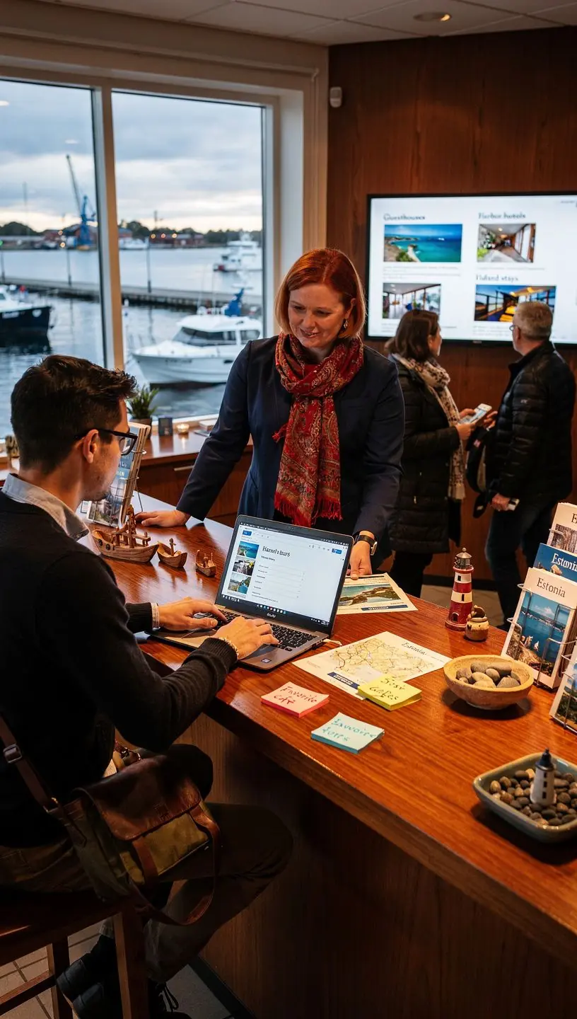 Reisija saabumas laevalt, kandes seljakotti ja ootamas transporti järgmisele saarele.