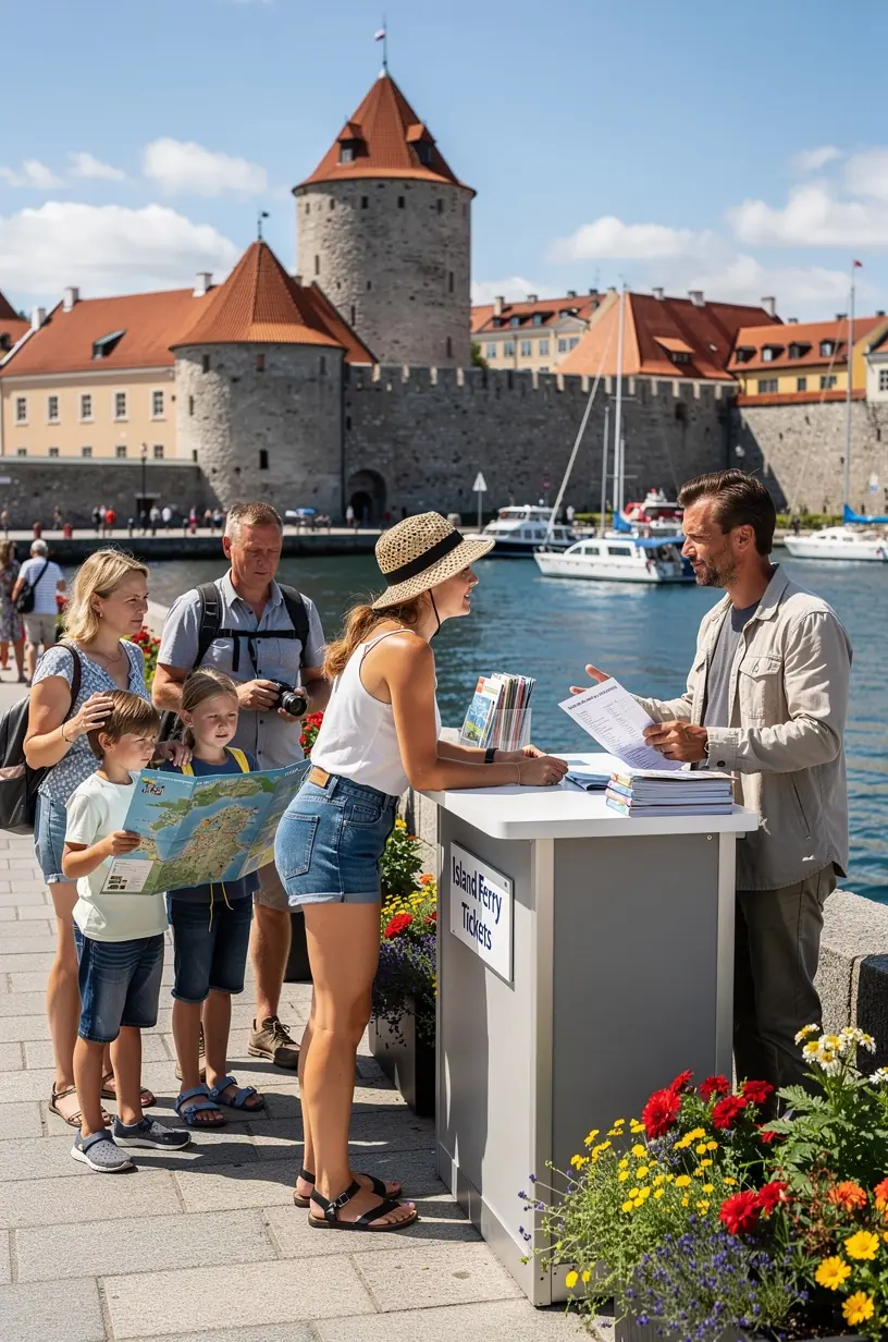 Teenindustöötaja abistamas külalist saartevahelise reisi planeerimisel koos kaartidega ja ajakavadega.